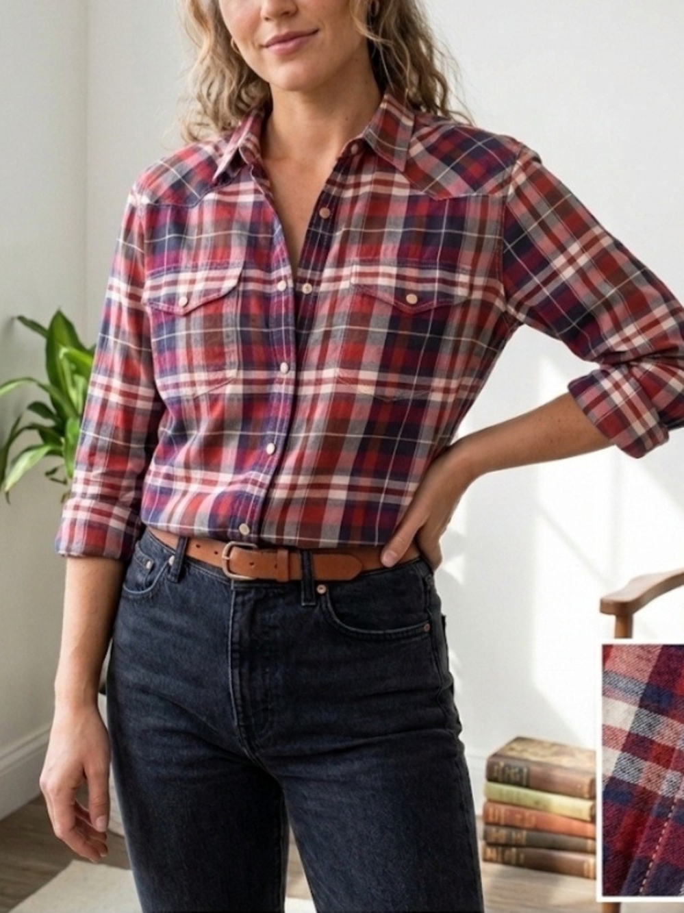 Lucky Brand Red and Navy Plaid Stretch Button-Up